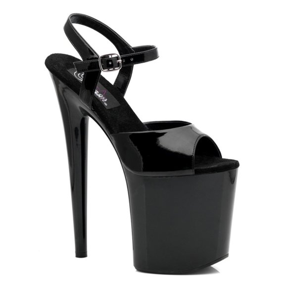 Pleaser Flamingo-809 Black Patent Platform Sandals 8 Inch Heels With Ankle Strap - Picture 1 of 5